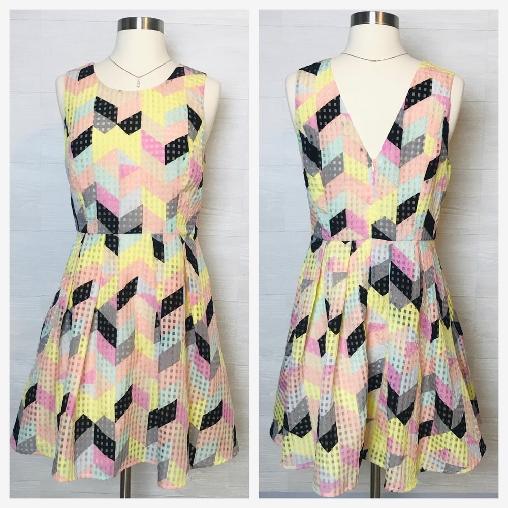 Ark & Co Pastel Rainbow geometric fit n flare dress Womans size medium